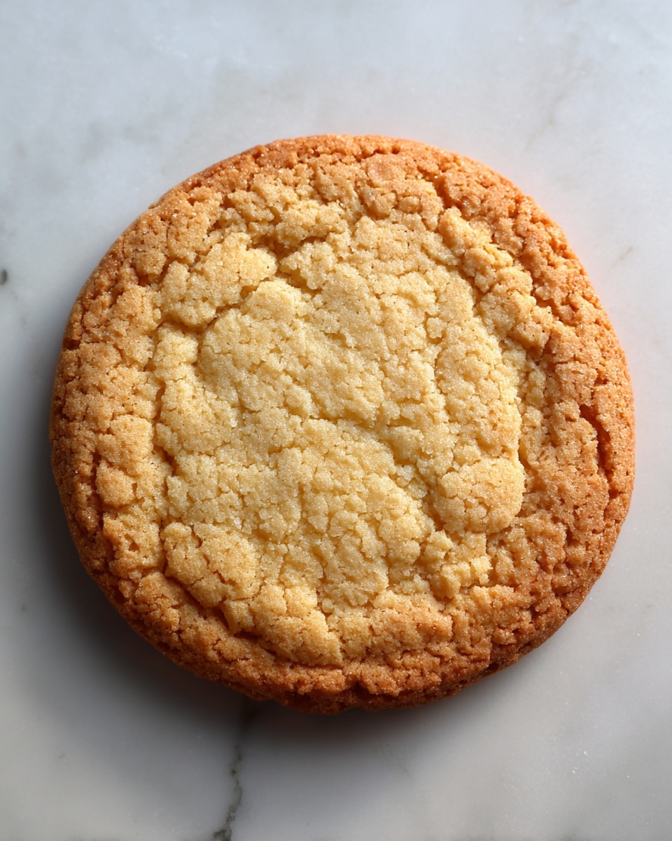 The image shows one large, round, plain cookie with a light golden-brown color and a slightly cracked texture on the surface. The cookie is flat and evenly baked, with a smooth but slightly rough top layer, and is placed on a white marbled surface. The edges are a little darker, giving a subtle contrast to the lighter center. Photo taken with an iphone --ar 4:5 --v 7