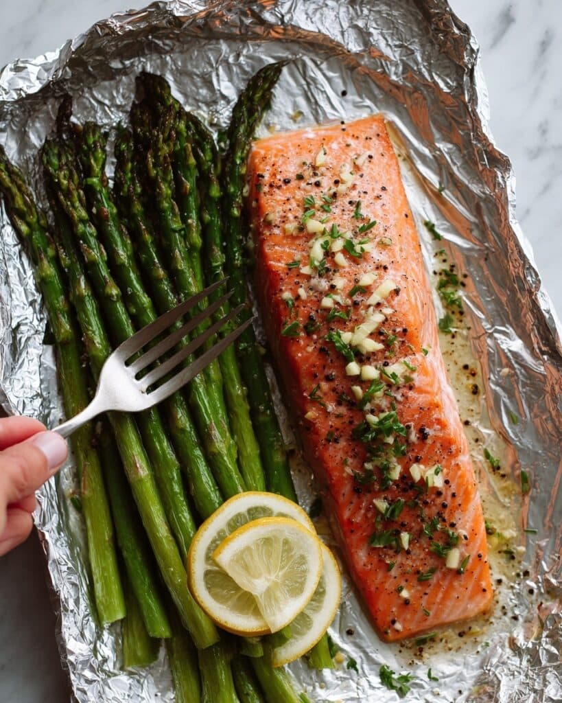 Baked Salmon in Foil with Asparagus and Lemon Garlic Butter Sauce Recipe