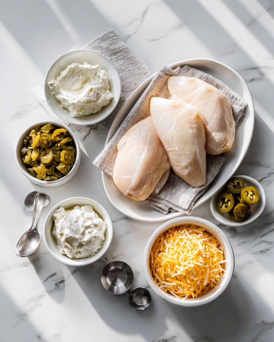 A thick piece of white chicken meat is covered with a melted bright orange cheddar cheese layer that has some browned crispy spots on top, and bits of green jalapeño inside the cheese layer add texture. On the white plate, there are dark green whole jalapeños behind the chicken and several slices of sliced jalapeño in front of it. The plate sits on a blue and white checkered cloth, and the background is a white marbled surface. photo taken with an iphone --ar 4:5 --v 7