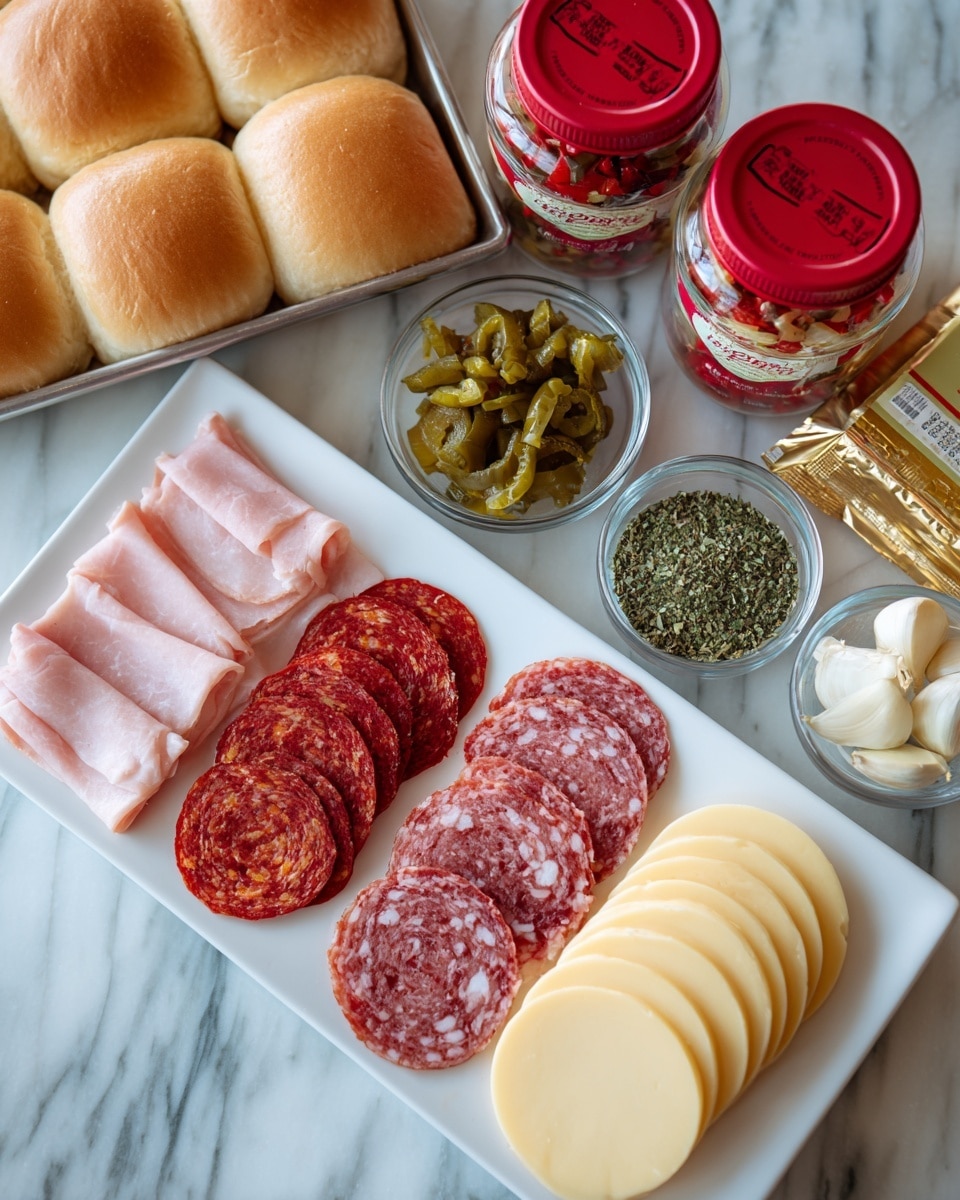 The image shows six stages of a sandwich slider dish in a white baking dish on a white marbled surface. The first stage has one layer of light pink ham slices covering the bread at the bottom. The second stage adds a dense layer of red and white salami slices overlapping the ham. The third stage places a layer of dark red, round pepperoni slices neatly over the salami. The fourth stage adds overlapping white cheese slices that cover the pepperoni. The fifth stage shows the cheese topped with colorful slices of red, yellow, and green peppers scattered evenly. The final stage has golden brown, shiny baked slider buns arranged tightly in three rows of four, glazed and sprinkled with herbs. photo taken with an iphone --ar 4:5 --v 7