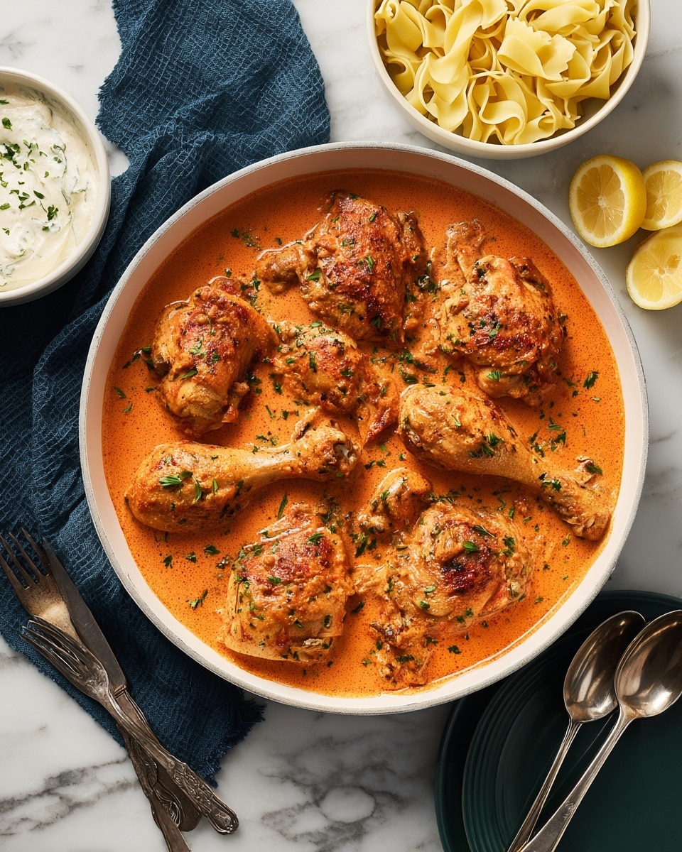 A top view shows several small white bowls and dishes on a white marbled surface, each filled with different ingredients for cooking. In the center bottom, a round white plate holds raw chicken thighs and drumsticks with light pink skin. Above this plate, from left to right, there is a clear measuring cup filled with light brown broth, a white bowl with finely chopped tomatoes, a small clear bowl with reddish-brown powder, a small white bowl with thick red paste, a white bowl with bright red chili powder, a white single-spout bowl with chopped green herbs, a clear bowl with chopped red bell pepper, a small rectangular white dish of minced garlic, a small clear bowl with a reddish powder, a white bowl of creamy white sauce, a small white bowl with white flour, and a white bowl with several chunks of pale yellow butter. Photo taken with an iphone --ar 4:5 --v 7