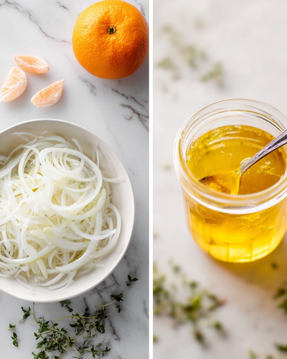 The image shows two parts side by side. On the left, there is a white bowl filled with thinly sliced white onions on a white marbled surface, with some small pieces of a pale pink ingredient on top. Near the bowl, there is a fresh orange fruit and some green herbs scattered around. On the right, there is a close-up view from above of a glass jar filled with a golden yellow liquid, with a silver spoon inside. The jar sits on the same white marbled surface. Photo taken with an iphone --ar 4:5 --v 7