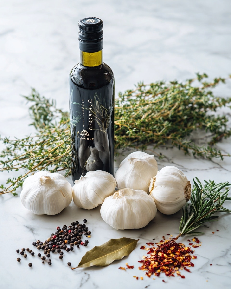 The image shows a dark glass bottle of Carapelli organic extra virgin olive oil placed on a white marbled surface. In front of the bottle, there are several whole white garlic bulbs arranged loosely. To the right of the garlic, there is a small sprig of fresh rosemary and thyme, with a dried bay leaf above them. Near the herbs, there are small piles of black peppercorns and red chili flakes scattered on the surface. The background is also white marbled. photo taken with an iphone --ar 4:5 --v 7