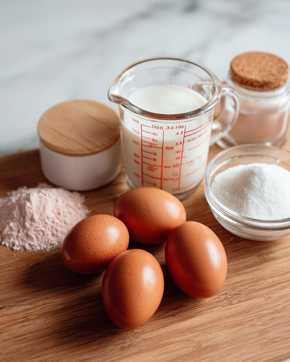 The image shows a brown wooden surface with five brown eggs resting on it, arranged loosely in the center. Behind the eggs is a clear glass measuring cup, half-filled with white milk, marked with red measurement lines. To the left of the eggs, there is an open small round white container with a wooden lid leaning against it, filled with a pink powder. On the right side of the eggs, there's a small clear glass bowl filled with white sugar, and behind it, a small jar with a white lid labeled as vanilla bean. The background is a white marbled texture. photo taken with an iphone --ar 4:5 --v 7