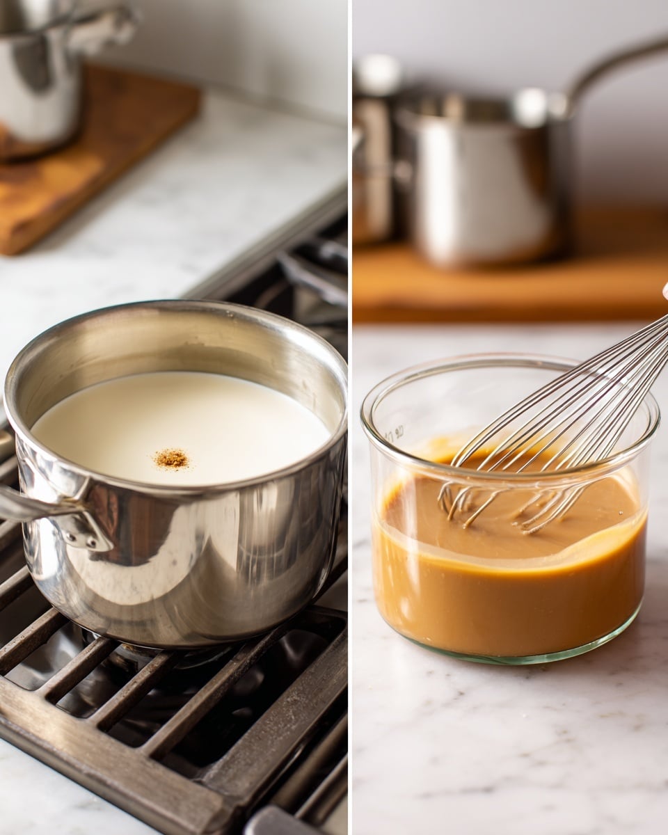 The left image shows a silver pot sitting on a stove with milk or cream inside, which is white and smooth, with a single clove floating on the surface near the center and a little ring of spice around it. The background surface is white marbled texture. The right image shows a clear measuring cup filled just above the 1 3/4 cup mark with a caramel-colored liquid that looks thick and smooth. A metal whisk and a woman's hand with a whisk are visible inside the cup, stirring the liquid. The background shows blurred silver kitchen pots and a wooden surface. Photo taken with an iphone --ar 4:5 --v 7