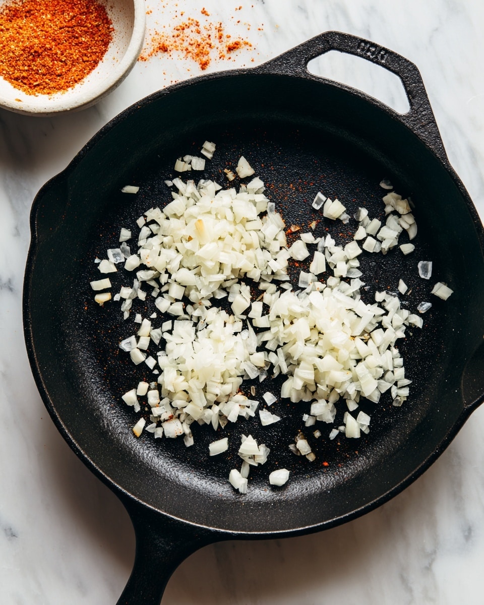 A black cast iron pan is shown from above on a white marbled surface. Inside the pan, there are two piles of finely chopped white onions placed close to the center and edges, with some small pieces scattered around. The texture of the onions looks fresh and slightly translucent. In the upper left corner, the edge of a round white bowl filled with a reddish-orange spice is partly visible. photo taken with an iphone --ar 4:5 --v 7