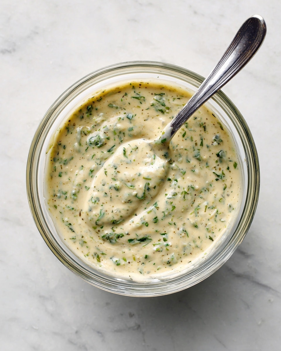 A clear glass bowl sits on a white marbled surface, filled with a creamy mixture that is pale beige with green flecks evenly spread throughout. A spoon rests inside the bowl, partially submerged in the smooth, speckled sauce, showing its thick, slightly chunky texture. The lighting highlights the creamy layers and the delicate herbs mixed in, giving the sauce a fresh and appetizing look. photo taken with an iphone --ar 4:5 --v 7