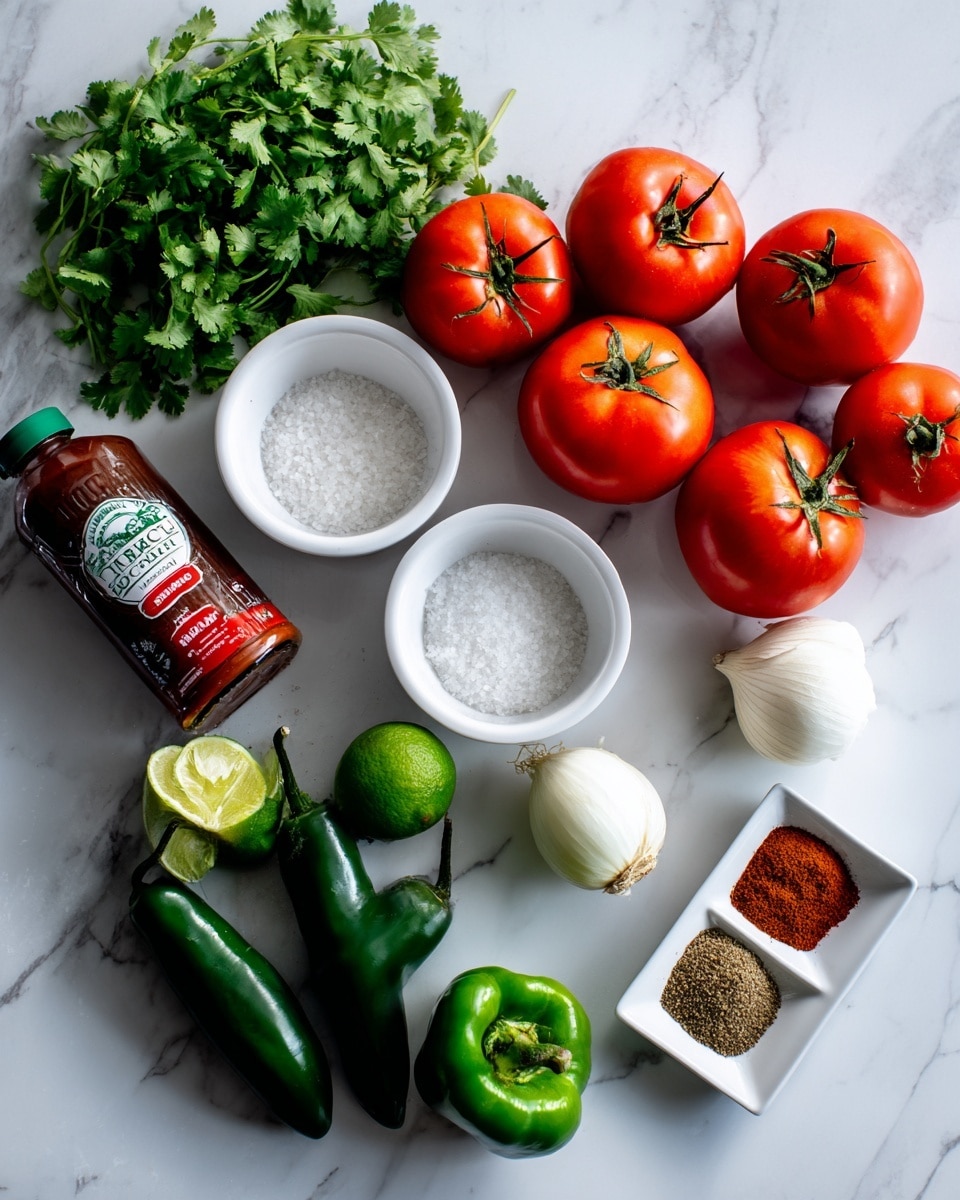 The image shows fresh ingredients for cooking arranged on a white marbled surface. There is a large bunch of bright red tomatoes with their green stems, next to a fresh green bunch of cilantro with detailed leaves. In the scene, there is a shiny white onion, a small bulb of white garlic, and a fresh green bell pepper placed near four dark green jalapeño peppers and one lighter green chili. Two bright green limes are also present, along with two white bowls filled with white granulated ingredients. A clear bottle of organic white vinegar sits on the left, and a small can of organic tomato paste with a red and white label is placed toward the center. A small square white dish holds three types of ground spices in brown, light brown, and green colors. The ingredients are arranged neatly with natural lighting, creating a fresh and colorful cooking setup, photo taken with an iphone --ar 4:5 --v 7