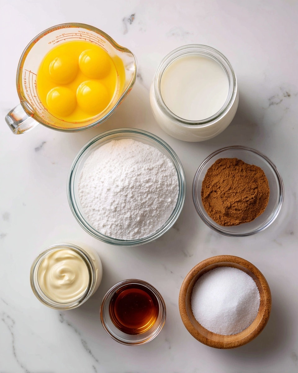 The image shows seven containers with different baking ingredients arranged on a white marbled surface. There is one large clear glass measuring cup at the top left filled with a bright yellow liquid and some egg yolks visible inside. To its right is a white jar full of milk and below both is a clear glass bowl full of white granulated sugar in the center. Next to the sugar on the right is a small clear glass bowl filled with a brown powder, likely cinnamon. Below those two bowls are two smaller clear jars; one jar on the left contains a creamy white substance, and the other small bowl on the right contains a dark amber liquid, possibly vanilla extract. On the far right side, there is a small wooden bowl with a white powder, probably salt. All containers rest neatly spaced on the white marbled surface. photo taken with an iphone --ar 4:5 --v 7