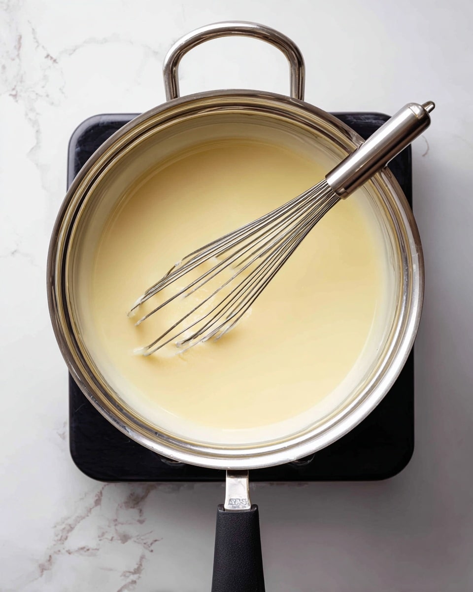 A shiny silver pot sits on a black stove top with a small amount of light cream mixture inside. A metal whisk with a black handle is resting diagonally inside the pot, partially submerged in the smooth, pale yellow liquid. The background shows a white marbled surface, adding a clean and bright feel to the scene. The pot reflects its surroundings slightly and has two black side handles. photo taken with an iphone --ar 4:5 --v 7