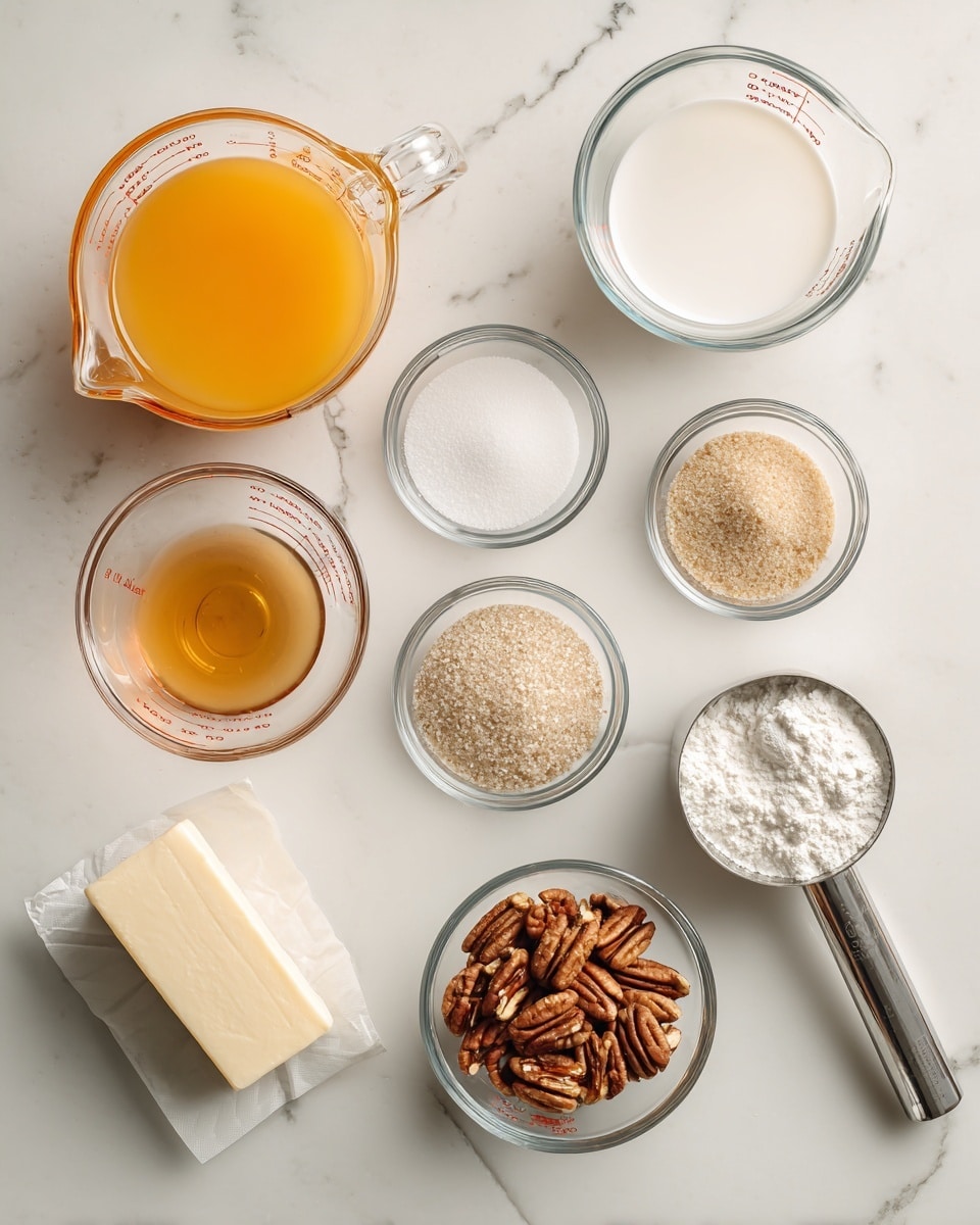The image shows several clear glass measuring cups and small bowls arranged on a white marbled surface. Two large glass measuring cups, one with orange liquid and one with a white liquid, take the back left and center spots. In front of these are small clear bowls containing light brown sugar, white sugar, a beige grainy substance, and a small glass bowl filled with pecan halves sits in the front center. To the right, a metal measuring cup is filled with a white powdery substance. A small block of butter wrapped in paper is placed at the front left. All items are neatly arranged with no utensils or hands touching them. Photo taken with an iphone --ar 4:5 --v 7
