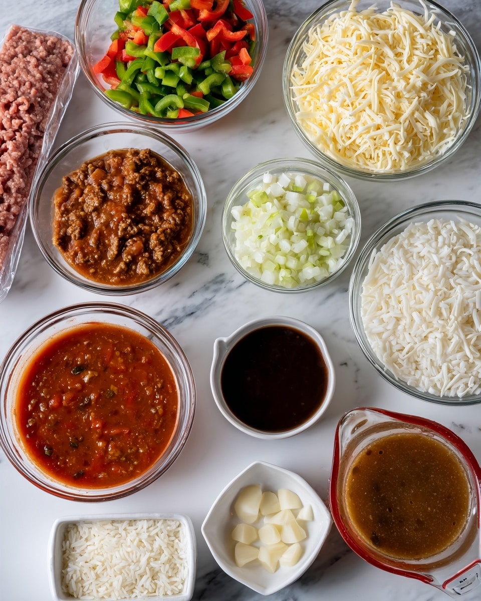 The image shows a white marbled surface with several clear glass and white dishes arranged in a group, each containing different ingredients. There are two clear glass bowls at the back filled with shredded cheese in one and chopped red and green bell peppers in the other. In front of these, there is a glass bowl with chunky tomato sauce, a small round clear bowl with a dark brown liquid, and another clear bowl with chopped white onions. To the side, there is a clear glass measuring cup filled with brown broth. In the front row, there is a red measuring cup piled with white rice, a small square white dish with minced garlic, and a white ramekin filled with a creamy white substance. To the left, there is a packaged portion of raw ground meat resting on the surface. The photo taken with an iphone --ar 4:5 --v 7