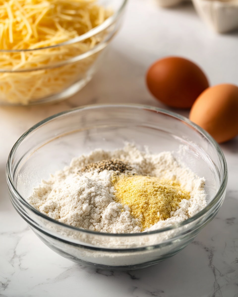 A clear glass mixing bowl is placed on a white marbled surface. Inside the bowl, there are small piles of dry ingredients including white flour, yellow cornmeal, and black pepper. In the background, another clear glass bowl filled with shredded yellow cheese and two brown eggs are visible, slightly blurred. The scene is bright and clean, focusing on the clear separation of each ingredient before mixing. Photo taken with an iphone --ar 4:5 --v 7