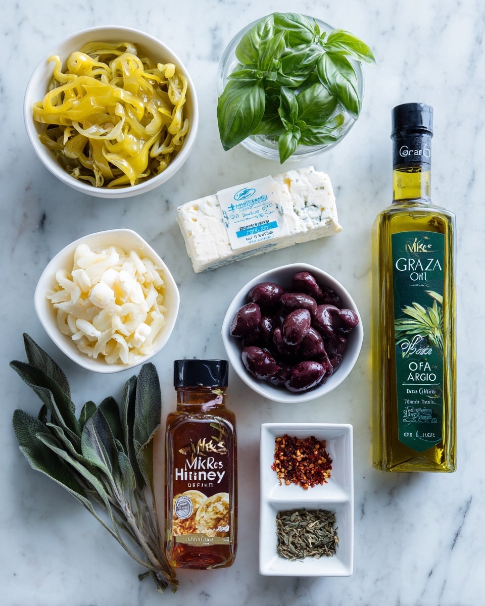 The image shows six small white bowls and two bottles arranged on a white marbled surface. Starting from the top left, there is a clear white bowl filled with yellow-green sliced peppers. Next to it, fresh green basil leaves sit above a rectangular block of feta cheese with a blue and white label. To the right, another clear white bowl is filled with dark purple olives, while below that is a small white bowl with chopped garlic. Beside it, two small white square dishes hold red pepper flakes and dried oregano respectively. To the left on the surface below the bowls are two dark green leafy herb stems. Two bottles are placed in front: a honey bottle labeled