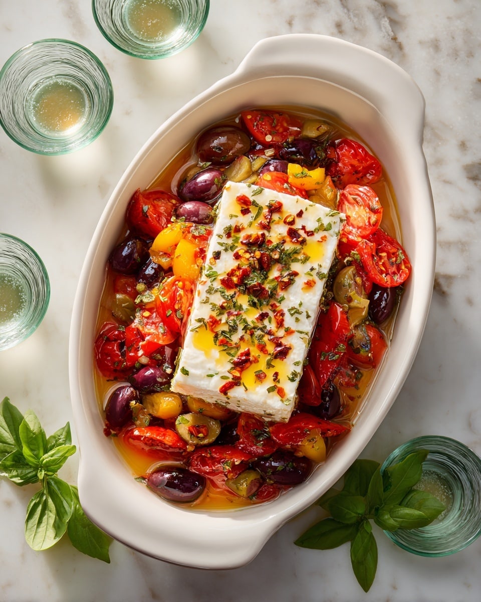 A white oval ceramic dish contains a colorful mix of ingredients arranged in layers. The bottom layer is made up of juicy red cherry tomato halves and dark purple olives mixed with yellow pickled pepper slices. On top of this sits a square block of white cheese drizzled with orange oil and sprinkled with herbs and red chili flakes. The dish sits on a white marbled textured surface with small clear glass bowls and green basil leaves around it. photo taken with an iphone --ar 4:5 --v 7