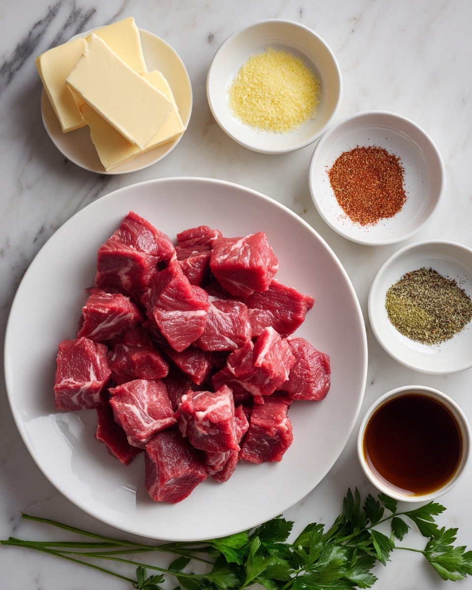 A white plate in the center holds many pieces of raw red meat, cut into small cubes with some white fat lines visible. Around the plate, there are four small white bowls: one with two stacked blocks of pale yellow butter on the left, one on the top containing light yellow and green dry spices, one with reddish-brown coarse spices on the right, and one at the bottom right filled with dark brown liquid. Fresh green parsley leaves are placed on the white marbled surface to the bottom left. The photo taken with an iphone --ar 4:5 --v 7