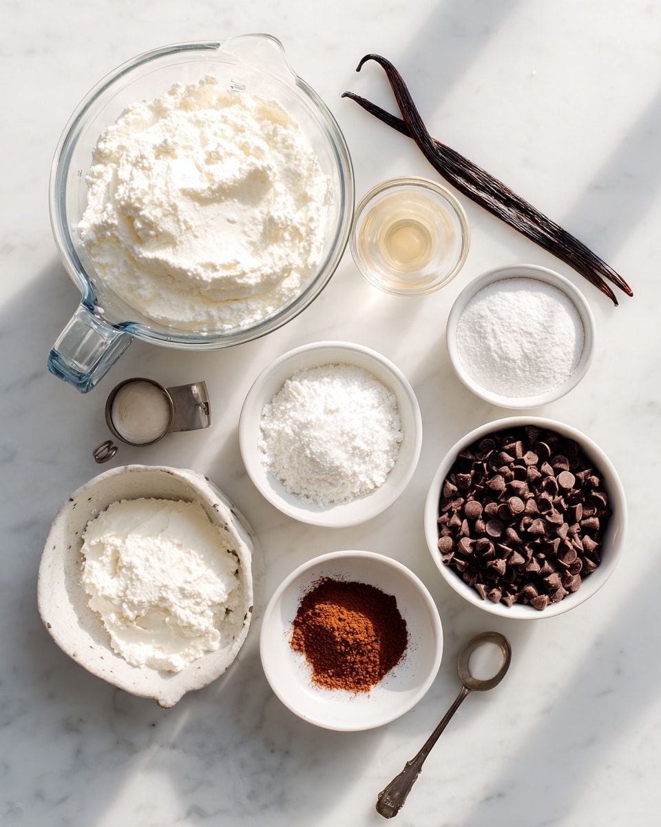 A clear glass bowl sits on a white marbled surface, containing three separate layers of ingredients: on the left and bottom side, a light beige crumbly mixture that fills most of the bowl, on the top side, a pile of small, dark brown chocolate chips clustered together, and on the right side, a dollop of smooth, white creamy substance. A black and white checkered cloth is folded and placed near the top right corner of the bowl. Photo taken with an iphone --ar 4:5 --v 7