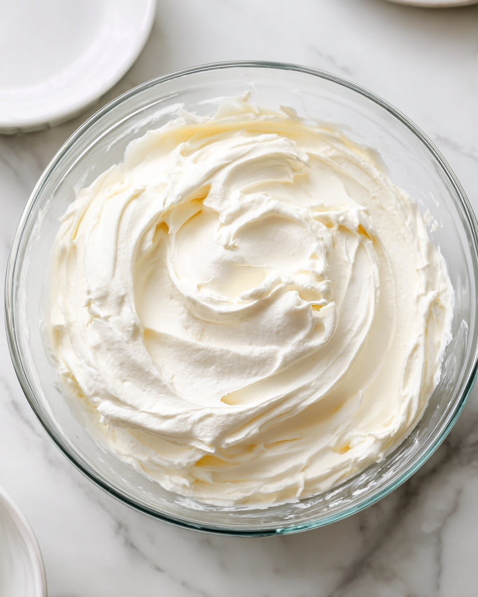 A clear glass bowl sits on a white marbled surface filled with a thick and creamy white mixture, swirled smoothly with a soft texture and slight peaks showing the fluffy nature. The bowl reflects light softly around the edges, adding to the fresh and clean look of the whipped cream or similar white spread inside. Around the bowl, there are parts of other white dishes partially visible, emphasizing the focus on this central creamy layer. Photo taken with an iphone --ar 4:5 --v 7
