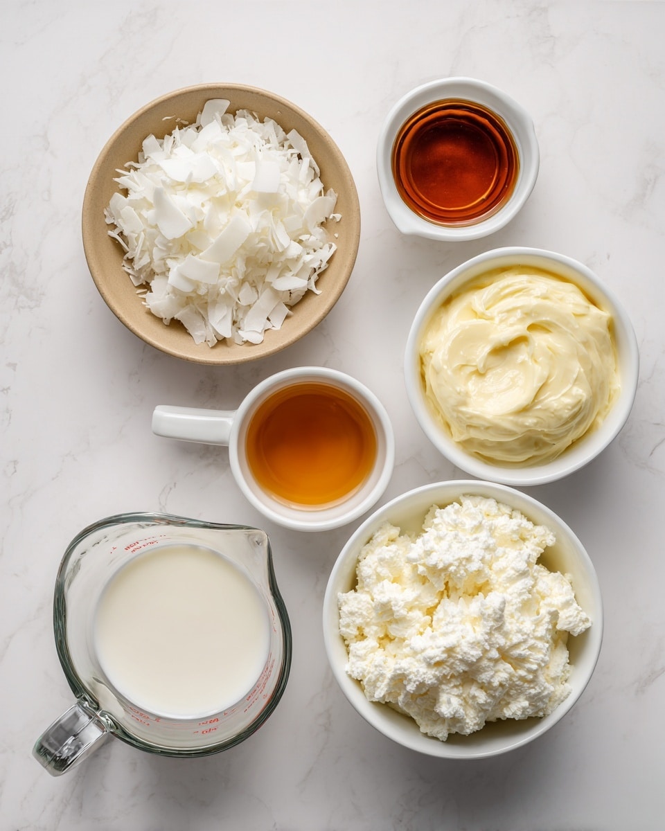The image shows six containers with different ingredients arranged neatly on a white marbled surface. At the top left, there is a small tan bowl filled with white shredded coconut. To its right, a small white cup holds a dark amber liquid. Next to that, on the top right, there is a white cup filled with a light yellow, thick liquid. Below these three, on the left side, there is a clear glass measuring jug containing a white creamy liquid. To the right of this jug, a white bowl is filled with a thick white substance that looks soft and fluffy. All items are evenly spaced, and the colors range mainly from white to light yellow and amber. photo taken with an iphone --ar 4:5 --v 7