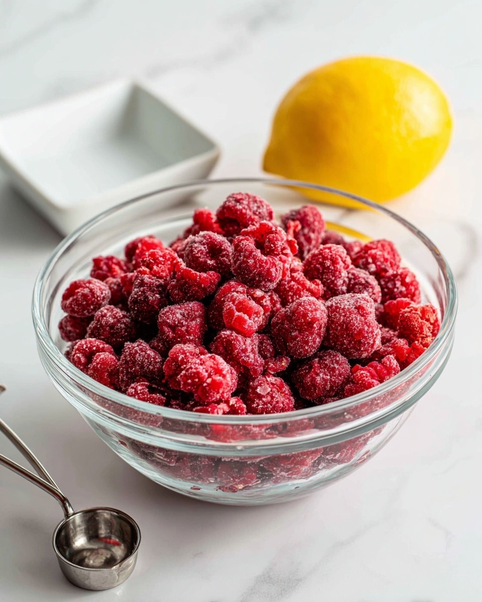 A clear glass bowl filled with many frozen red raspberries with a mix of whole and crushed pieces, placed on a white marbled surface. Nearby, a small metal measuring cup with a handle sits on the left side, and behind the bowl, a clean white square dish is visible. To the right of the bowl, there is a whole bright yellow lemon standing out against the white marbled background. The photo has bright lighting with soft shadows, showing the texture of the raspberries and the smoothness of the lemon skin. Photo taken with an iphone --ar 4:5 --v 7