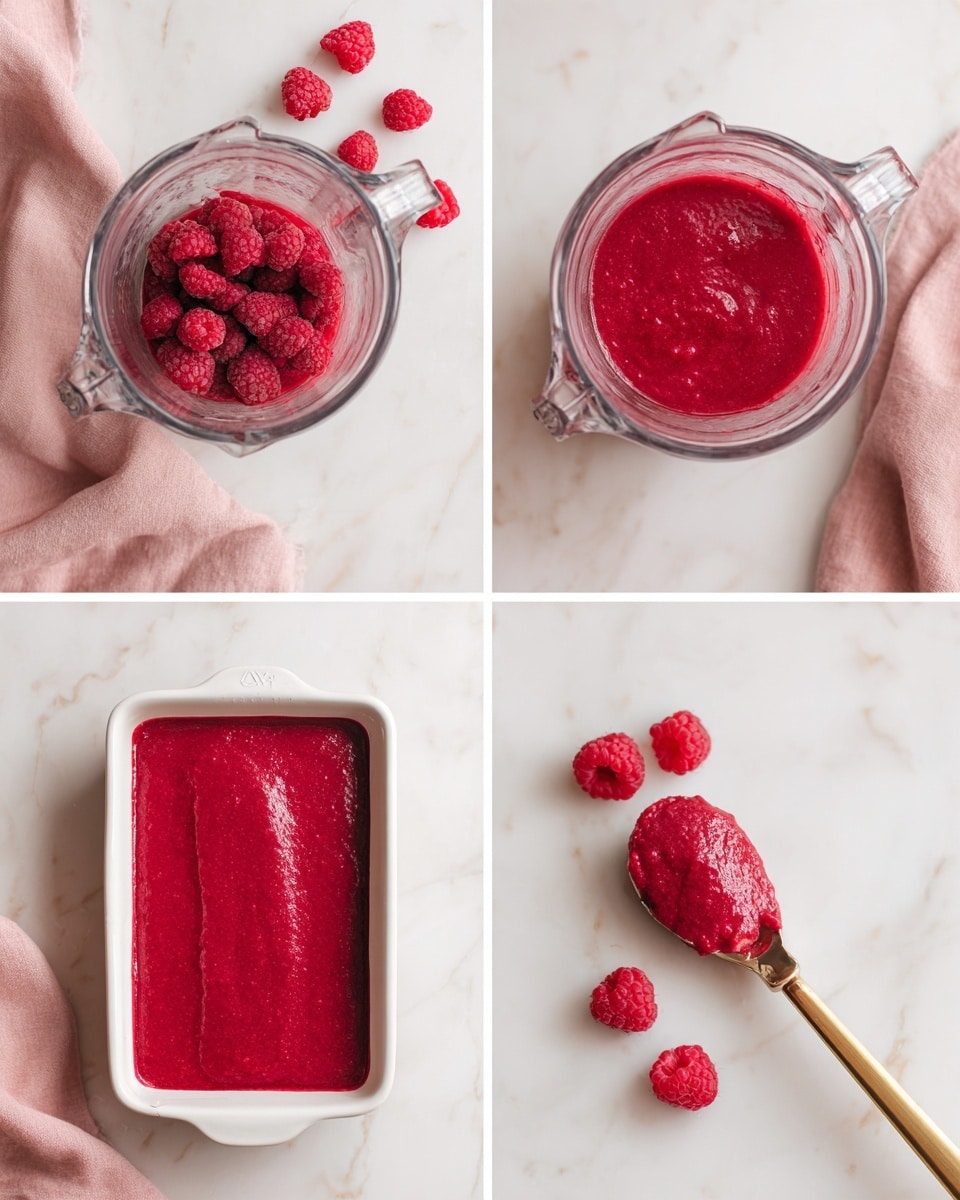 The image shows a step-by-step process of making a raspberry sauce or puree. The first frame on the top left has whole raspberries with liquid in a clear glass blender cup, sitting on a white marbled surface with a soft pink cloth nearby. The second frame on the top right shows the raspberries blended into a smooth, thick red puree inside the same clear glass blender cup. The third frame on the bottom left displays the smooth red puree poured evenly into a white rectangular dish on the same white marbled surface with the soft pink cloth. The last frame on the bottom right shows the puree spread flat in the dish with a scoop of the raspberry mixture on a golden spoon with a wooden handle, ready to be spread further. Small fresh raspberries are placed next to the dish. Photo taken with an iphone --ar 4:5 --v 7