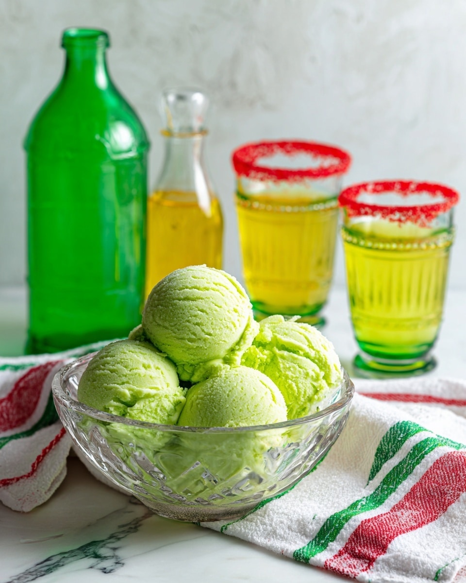 The image shows a white marbled surface with a clear glass bowl in the front filled with several scoops of bright green ice cream. Behind it, there are two small glass bottles, one filled with a yellow liquid and the other with a bright green liquid. To the right, two clear glasses have red sugar rims and sit on a white towel with red and green stripes. A large green plastic bottle is placed behind the glass bottles. The whole setup is bright and colorful with a fresh look. Photo taken with an iphone --ar 4:5 --v 7