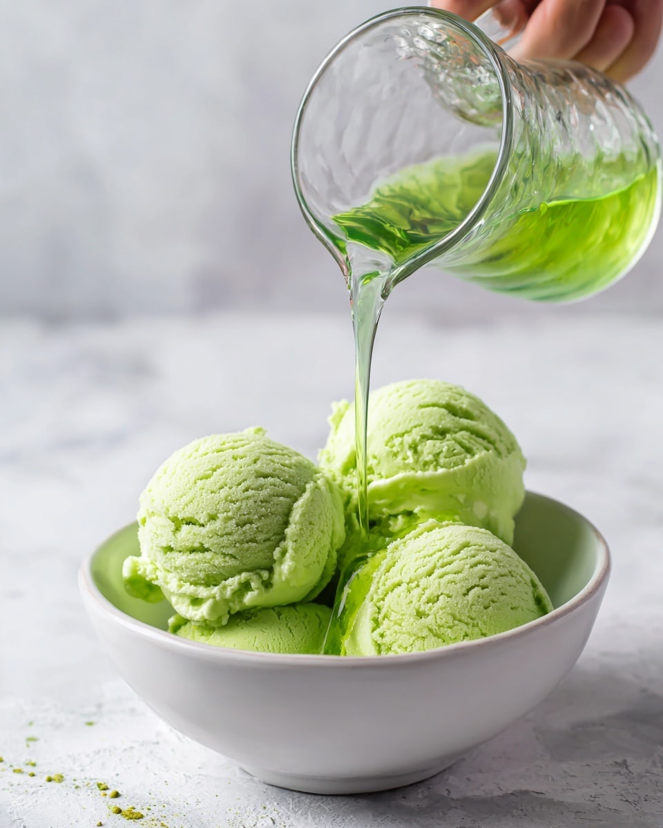 The image shows a white bowl filled with bright green ice cream. The ice cream has a smooth and creamy texture with small air bubbles, giving it a soft look. A clear green liquid is being poured over the ice cream from a glass jug, creating gentle ripples and slight foam on the surface. The background is a white marbled surface, which adds a clean and fresh feel to the image. A woman's hand holds the jug carefully above the bowl as the liquid flows down. The scene is bright and fresh, focusing on the vibrant green colors and the creamy texture of the ice cream. photo taken with an iphone --ar 4:5 --v 7