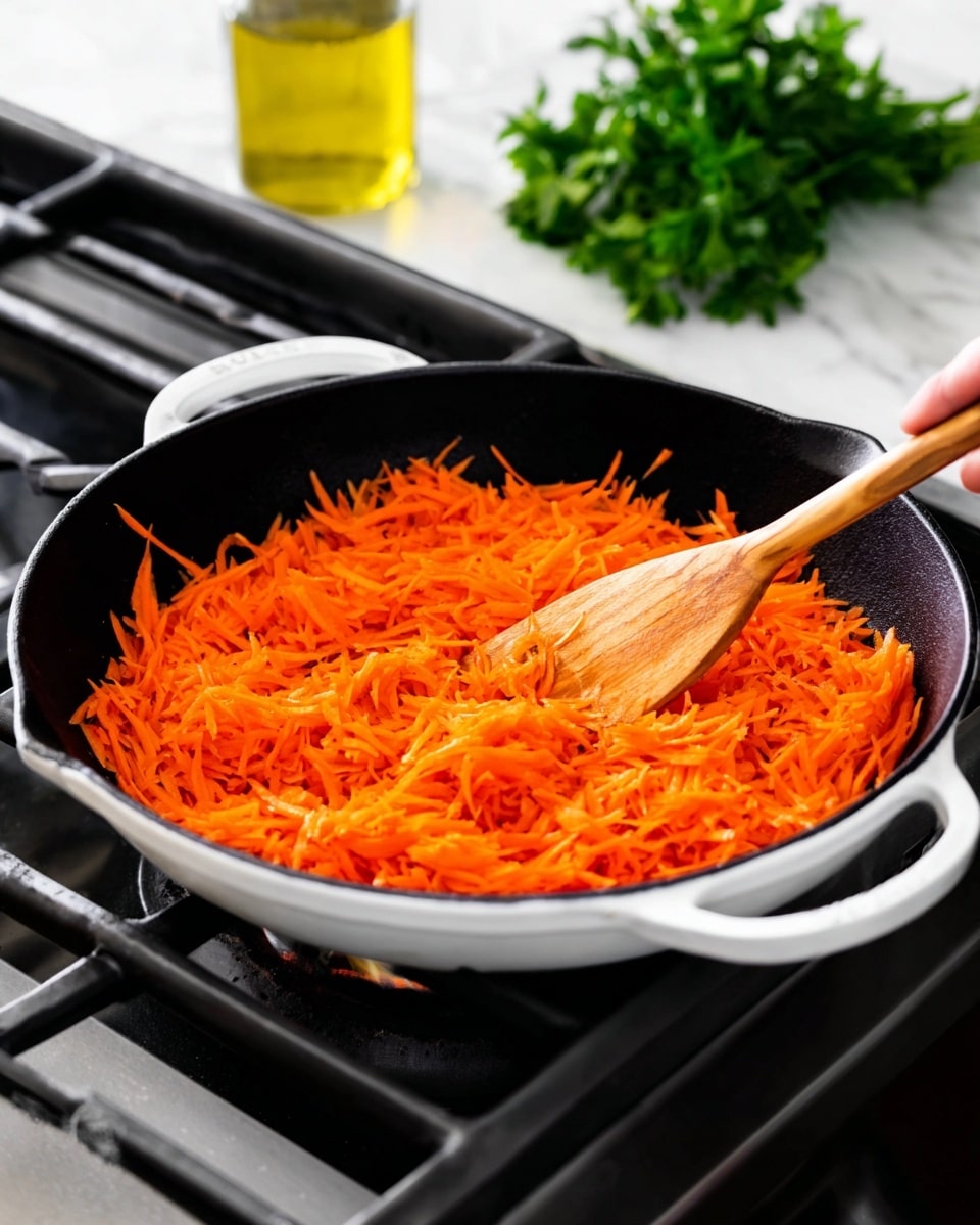 A close-up view of a single layer of bright orange shredded carrots cooking in a black cast iron pan with white handles, placed on a stove with black grates and a stainless steel surface. A woman's hand holds a smooth wooden spatula gently stirring the carrots, which glisten slightly from cooking oil. In the blurred background, there is a clear glass of yellow oil and fresh green parsley on a white marbled surface. The image has a warm, natural light. photo taken with an iphone --ar 4:5 --v 7