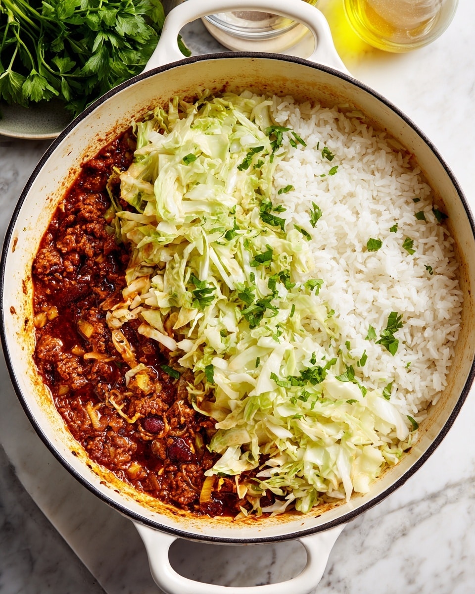 In a white cast iron pan on a stove, the dish shows three visible layers: a bottom layer of dark reddish-brown sauce with meat, a middle layer of shredded pale green and white cabbage spread evenly, and a top layer of white cooked rice piled mainly on one side. The pan has handles on each side, and behind it there is a white marbled surface with some green parsley and a glass bottle with yellow liquid blurred in the background. The image looks bright and inviting photo taken with an iphone --ar 4:5 --v 7