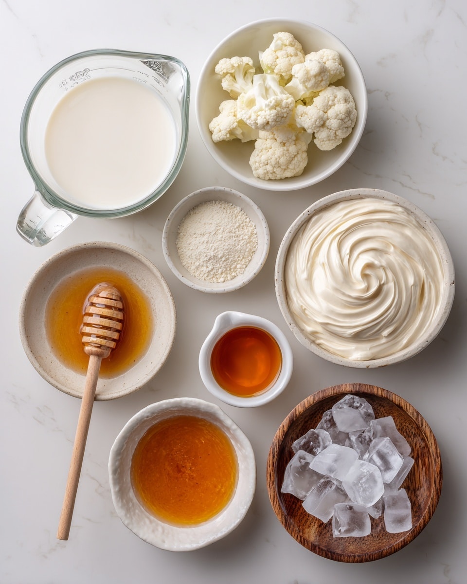 Seven different ingredients are shown on a smooth white marbled texture. At the top left is a glass measuring cup with white milk. At the top center is a small bowl with small white cauliflower pieces. At the top right is a white bowl with thick, swirled white cream. In the middle center is a small white cup with amber liquid. At the middle left is a small white dish holding orange honey with a wooden dipper resting inside. At the middle right is a small wooden bowl filled with white powder. At the bottom center is a white bowl filled with clear ice cubes. Photo taken with an iphone --ar 4:5 --v 7
