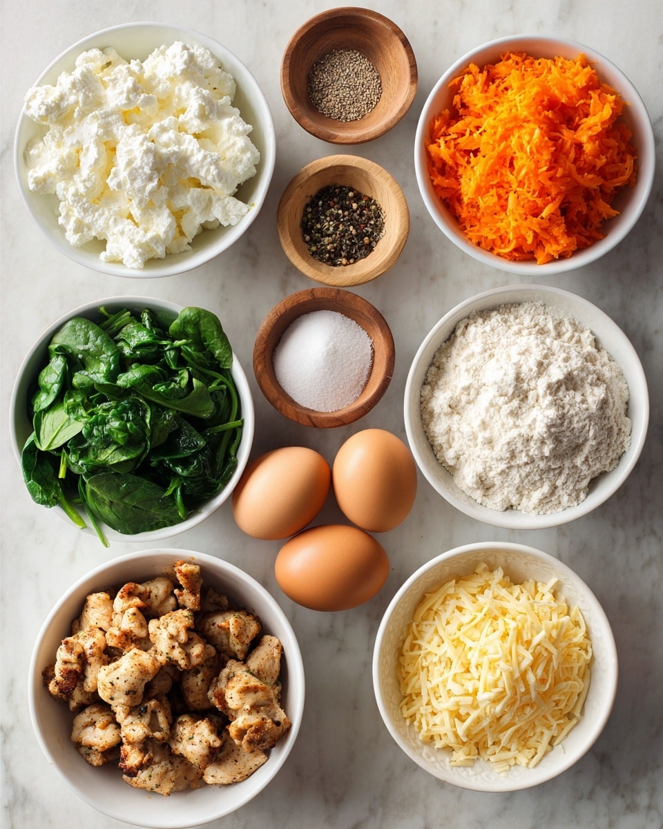 The image shows a top view of eight small white bowls arranged in an organized way on a white marbled surface. The bowls contain different food ingredients: the top left bowl has white cottage cheese with a chunky texture, next to it on the right is a bowl of bright orange grated carrots with a shredded texture. Below the cottage cheese is a bowl filled with finely chopped fresh green spinach leaves. Next to the spinach on the right is a bowl with browned, chopped cooked chicken pieces that have a soft texture. In the middle bottom part of the image, there is a white bowl with three whole brown eggs. Next to the eggs on the right is a bowl full of grated yellow cheddar cheese, shredded thinly. Above the eggs and cheese are three smaller wooden bowls, the one on the left contains mixed spices including black pepper and salt, the middle one has fine white flour with a smooth powder texture, and the one on the right has white baking powder or a similar fine powder. Photo taken with an iphone --ar 4:5 --v 7