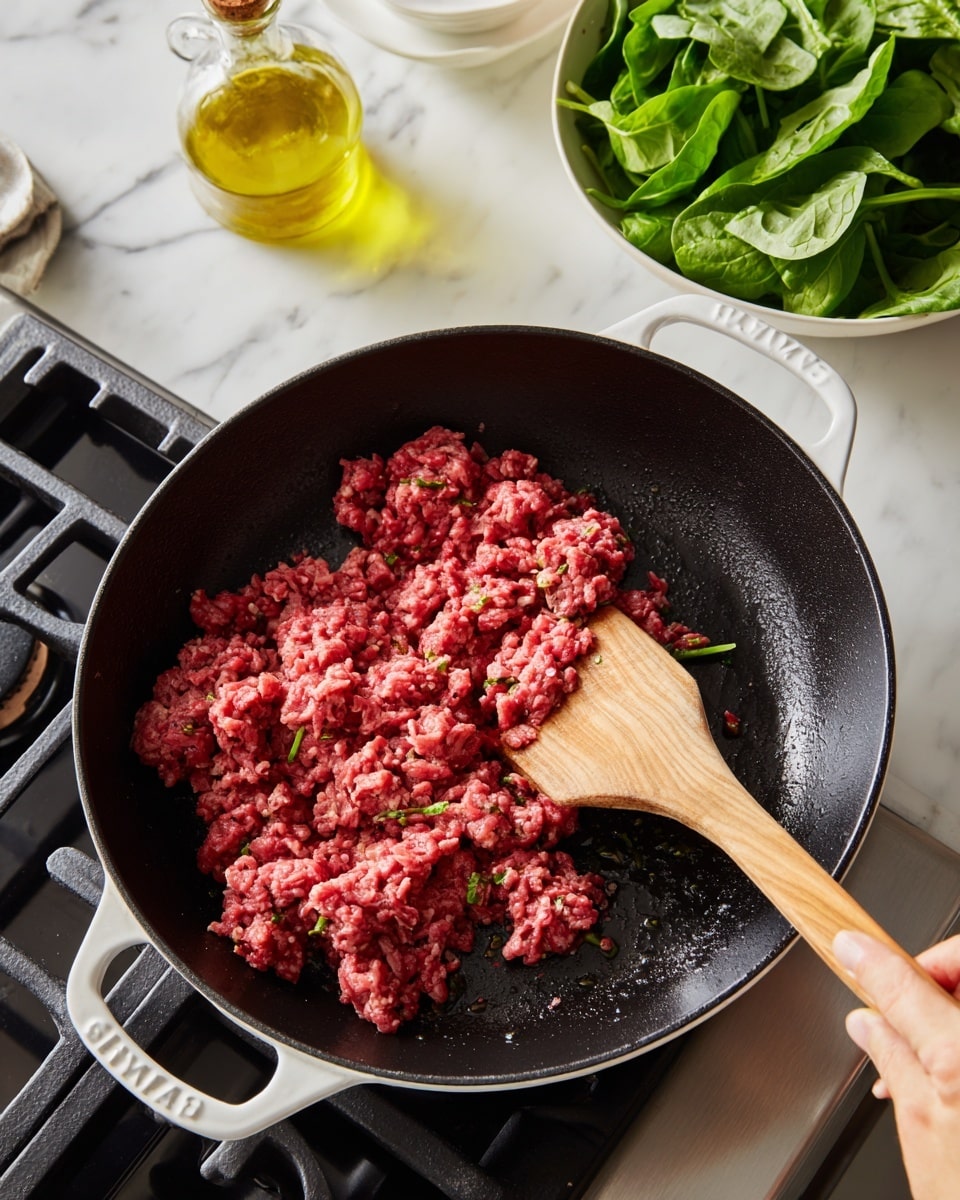 A close-up shot of raw ground beef cooking in a large black cast iron pan with white handles, placed on a stove with black grates and stainless steel details. The beef is bright red with some sections starting to turn gray as it cooks. A wooden spatula is stirring and pressing the meat from the right side, held by a woman's hand. In the background, a white bowl with fresh green spinach leaves and a glass bottle filled with yellow oil sit on a white marbled surface. Photo taken with an iphone --ar 4:5 --v 7