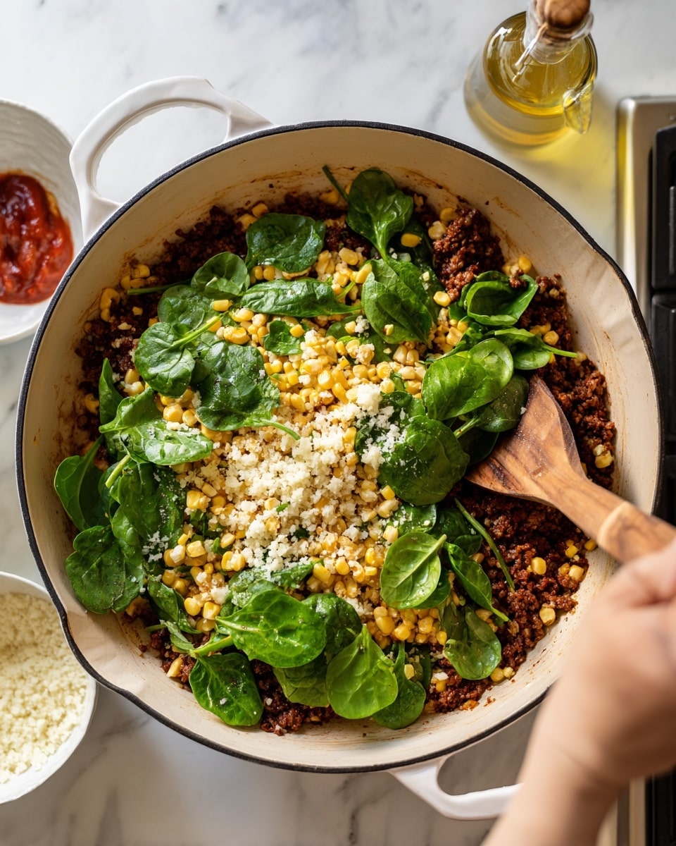 A white cast iron skillet on a stove holds a mix of four main layers: at the bottom is browned ground meat with a coarse, crumbly texture in dark brown; on top, bright yellow corn kernels scattered unevenly; next to the corn, fresh green spinach leaves with a slightly wrinkled surface; and throughout, small white cauliflower rice bits, finely textured and spread across the skillet. A wooden spoon is stirring the mix, held by a woman's hand visible on the right side. In the blurred background, a white marbled surface holds a glass bottle of oil and a white bowl with red sauce. Photo taken with an iphone --ar 4:5 --v 7