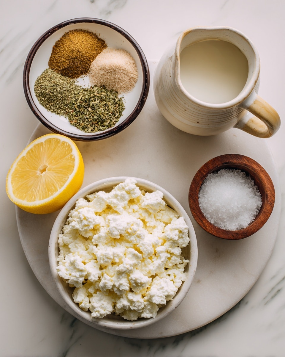The image shows a white marbled surface with five items arranged neatly for a recipe. At the center bottom is a white bowl filled with bumpy, white cottage cheese. To the left, there is a bright yellow lemon cut in half showing its juicy inside, resting on the marble. Above the lemon is a white bowl with a dark rim holding four sections of dry spices and herbs: two light brown powders on the left and top center, and two green herbs on the top left and bottom right of the bowl. To the right of the cottage cheese, there is a small wooden bowl containing white salt crystals. Lastly, a white pitcher with a handle on the right is filled with some white liquid. The items are placed on the white marbled surface, all clearly visible and well arranged, photo taken with an iphone --ar 4:5 --v 7