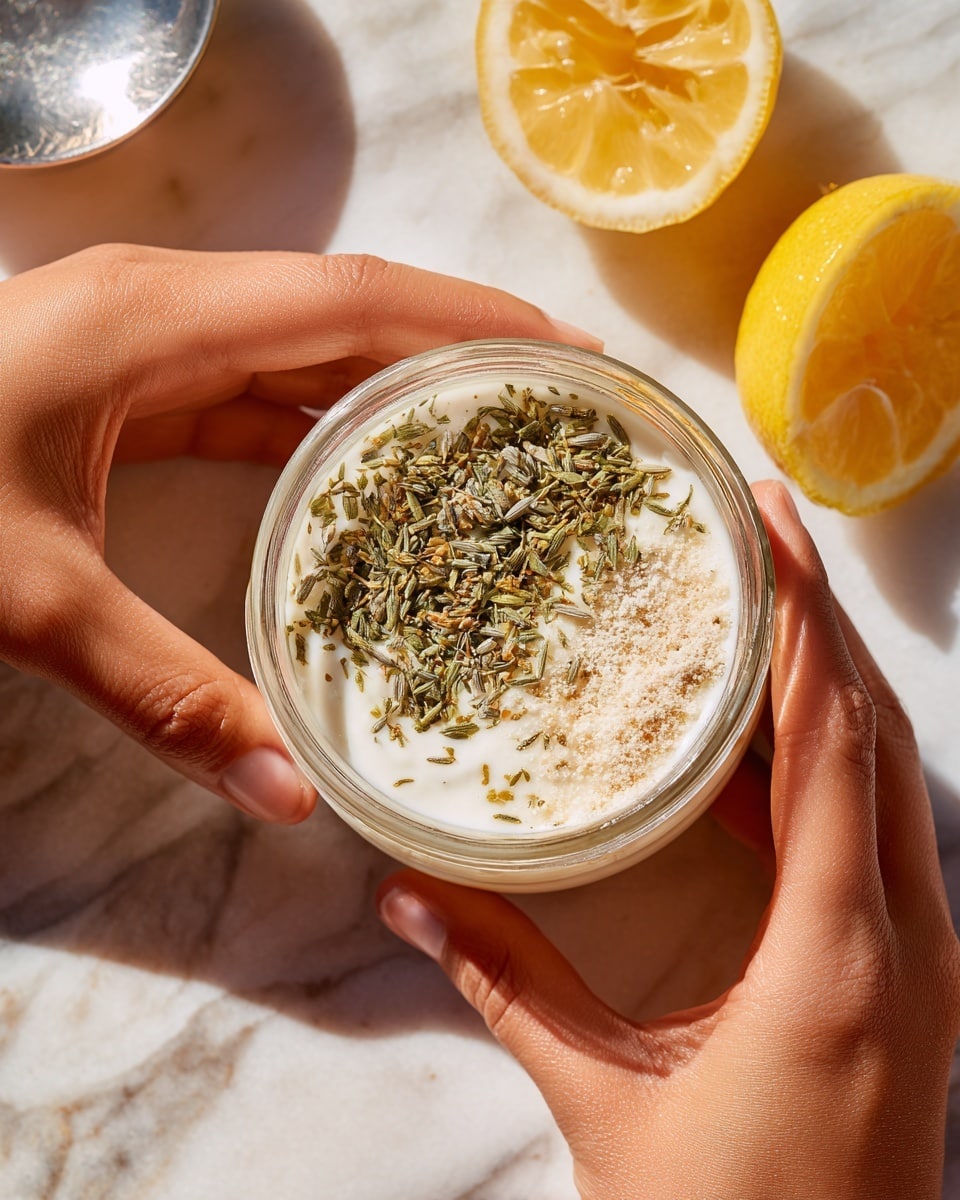 A clear glass jar held by two woman's hands contains a sauce with visible separate layers: a white creamy base, topped with green dried herbs covering about half of the surface, and a smaller section of beige powdery spices on the right. The jar is placed on a white marbled texture surface, with two halves of a bright yellow lemon nearby and a shiny silver object just visible on the left side. The lighting is bright and natural, emphasizing the textures and colors. photo taken with an iphone --ar 4:5 --v 7