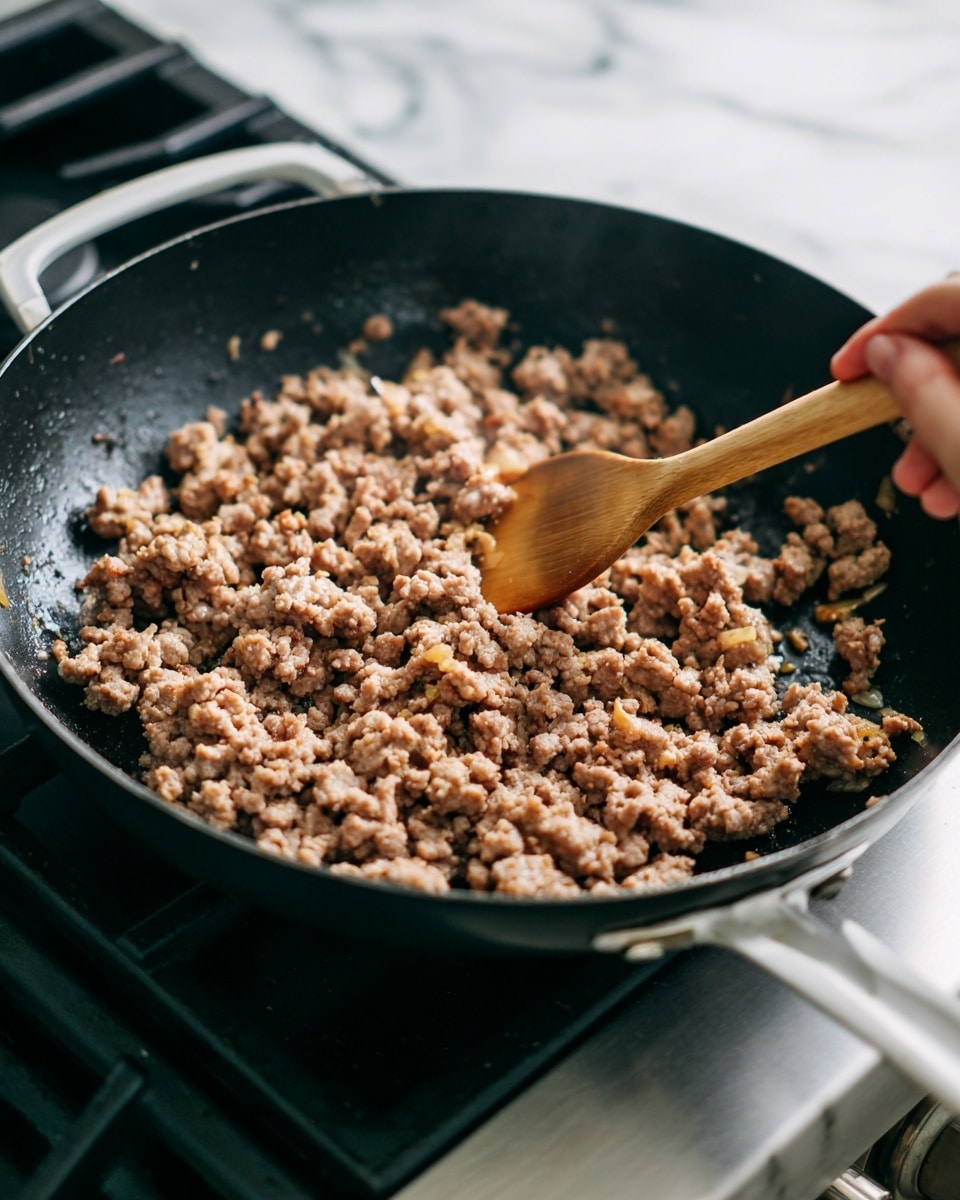 A close-up view of light brown ground meat cooking in a black cast iron pan with a white handle on a gas stove. The meat is scattered in one layer, some pieces are small and stringy, and others are chunkier with slight golden-brown edges. A woman's hand is holding a wooden spatula, stirring the meat gently from the right side of the pan. The stovetop burners and black metal grates are visible beneath the pan, and the background shows a white marbled texture. photo taken with an iphone --ar 4:5 --v 7