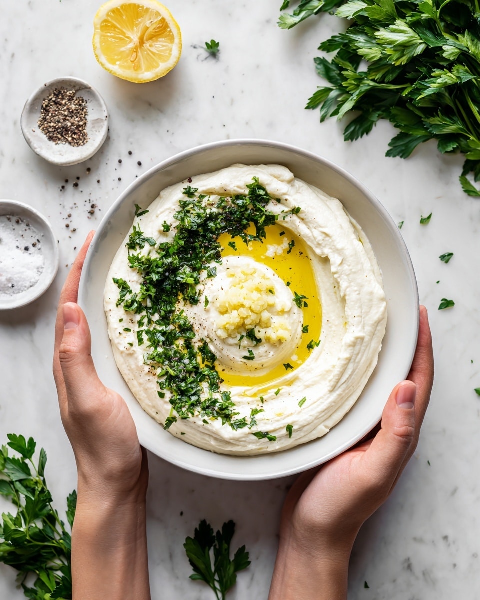 A white bowl held by a woman's hands contains a thick, creamy white base spread evenly in a circular shape, with a small well in the center filled with yellow olive oil. On top, near the olive oil, there is a small dollop of pale yellow minced garlic, a pile of finely chopped green herbs, and scattered white salt along with coarse black pepper. The bowl rests on a white marbled surface surrounded by fresh green herbs, a halved lemon, a small bowl of black pepper, and a small white bowl of salt. Photo taken with an iphone --ar 4:5 --v 7
