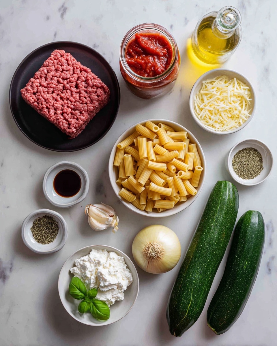 The image shows ingredients for a pasta dish placed on a white marbled surface. There is a white bowl filled with short tubular pasta placed near two whole green zucchinis on the right. Above the pasta bowl, there is a glass jar of red tomato sauce with visible chunks. Next to the jar, a white bowl contains white ricotta cheese with a few fresh basil leaves to its side. To the left of the pasta bowl, a dark plate holds a square block of raw ground meat. Above the meat, a whole yellow onion sits next to three garlic cloves and a small glass bowl filled with dark soy sauce. There are three small round bowls containing dried herbs, salt, and black pepper, and another white bowl filled with shredded mozzarella cheese. A glass bottle of light yellow olive oil is near the sauce jar. Everything is neatly arranged, creating a clean and fresh look. Photo taken with an iphone --ar 4:5 --v 7
