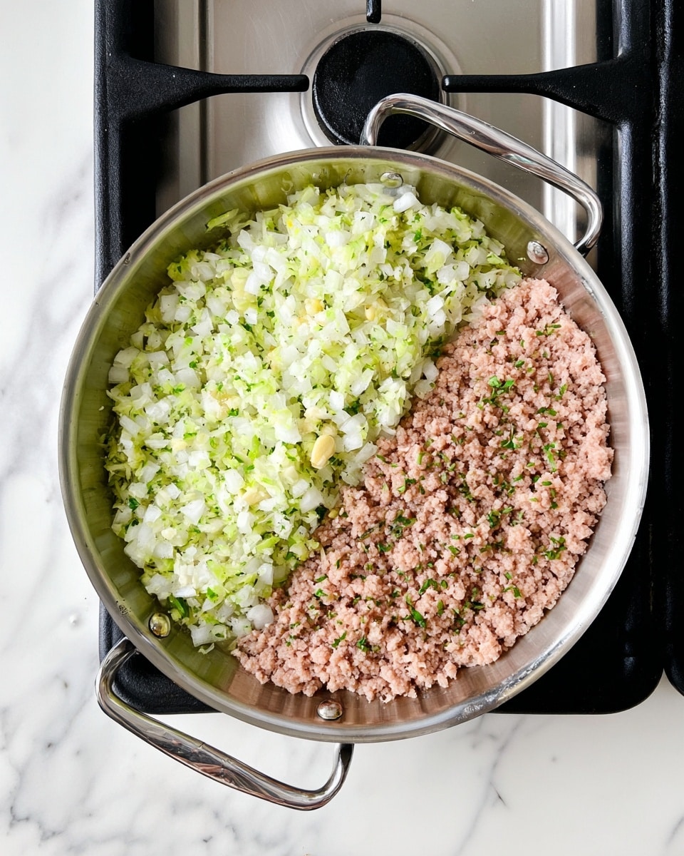 A silver pan sits on a stove with two main layers inside; on the left side there is a layer of finely chopped pale green and white vegetables mixed together with a soft texture, while on the right side there is a layer of raw, light brown ground meat with small herbs sprinkled evenly on top. The pan has two handles, and the shiny metal contrasts with the dark stove burners. The background is a white marbled texture photo taken with an iphone --ar 4:5 --v 7