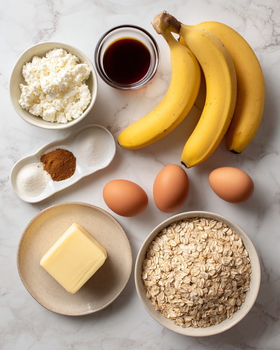 The image shows a top view of several ingredients for cooking laid out on a white marbled surface. There are two ripe yellow bananas in the middle, surrounded by three brown eggs on the right. Next to the eggs, there is a small white dish holding three piles of white powder and brown spice. Above the bananas, there is a small clear glass cup filled with dark liquid, and to the left is a round white bowl full of white cottage cheese or curds. Below the bananas, in the middle, a small beige plate holds a square piece of light yellow butter. On the left side, there is a large white bowl filled with light brown rolled oats, and next to it a small glass cup with light amber liquid. Behind these, a clear bottle holds light yellow oil. Photo taken with an iphone --ar 4:5 --v 7
