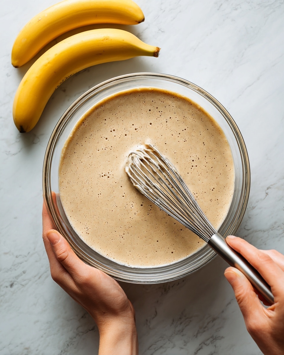 A clear glass bowl held by a woman's hand on the left side contains a light brown, smooth batter with a slightly thick texture. The batter shows tiny air bubbles across its surface. A woman's hand on the right is using a metal whisk to mix the batter, creating gentle swirls in the center. Two yellow bananas rest to the top left on a white marbled surface, adding a natural touch to the scene. The lighting is soft and natural, highlighting the creamy batter inside the bowl. photo taken with an iphone --ar 4:5 --v 7