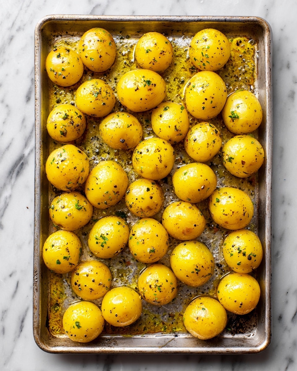 The image shows a large metal baking tray filled with small yellow potatoes, evenly spaced in rows. Each potato is coated with a shiny layer of oil and sprinkled with small bits of black pepper, herbs, and salt, giving a textured look with green and black specks on their smooth surfaces. The tray has some light stains and oil spots, adding a used and ready-to-cook feel to the scene, set against a white marbled surface. photo taken with an iphone --ar 4:5 --v 7