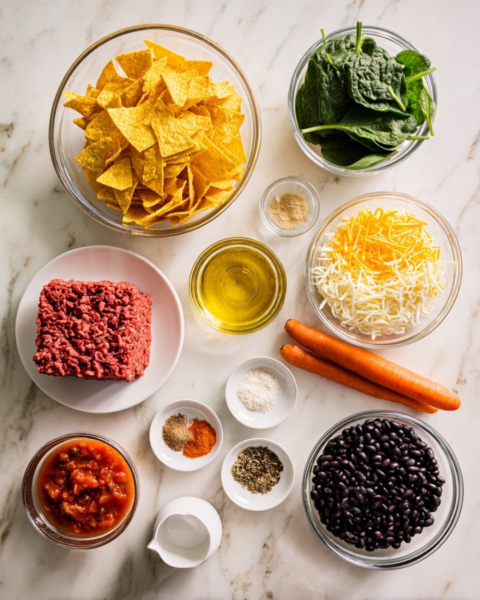 The image shows an overhead view of cooking ingredients arranged neatly on a white marbled surface. In the center, there is a large clear bowl filled with broken yellow corn tortilla chips that have a rough texture. To the right of the chips, three smaller clear bowls hold bright green fresh spinach leaves, a mix of shredded yellow and white cheeses, and a fine white crumbly cheese. Above those, a white plate holds a block of raw red ground meat with its stringy texture visible. Next to it, two whole bright orange carrots lay side by side. A small round white plate contains four small piles of spices in shades of dark red, beige, light brown, and brown. Beside this, a small clear bowl has coarse white salt. A tiny white pitcher holds a small amount of yellow olive oil. Below the cheeses, a glass cup contains red salsa with visible bits of tomato and onion, and next to it is a bowl of black beans with a shiny wet surface. The image has soft natural lighting and a bright, clean look. Photo taken with an iphone --ar 4:5 --v 7