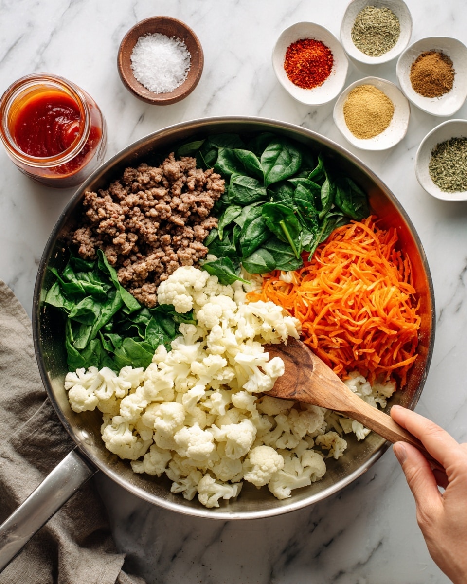 A metal pan on a white marbled surface holds four main layers of ingredients: cooked ground meat on the top left in small brown chunks, fresh green spinach leaves on the right, shredded bright orange carrots at the bottom left, and fluffy white chopped cauliflower piled mostly in the center and toward the right. A woman's hand is stirring the mixture with a wooden spoon placed on the cauliflower. Around the pan, there is a small bowl of salt at the top left, a glass jar of red sauce near it, and a small white dish holding five piles of different powdery seasonings arranged in a circular pattern on the top right. Photo taken with an iphone --ar 4:5 --v 7