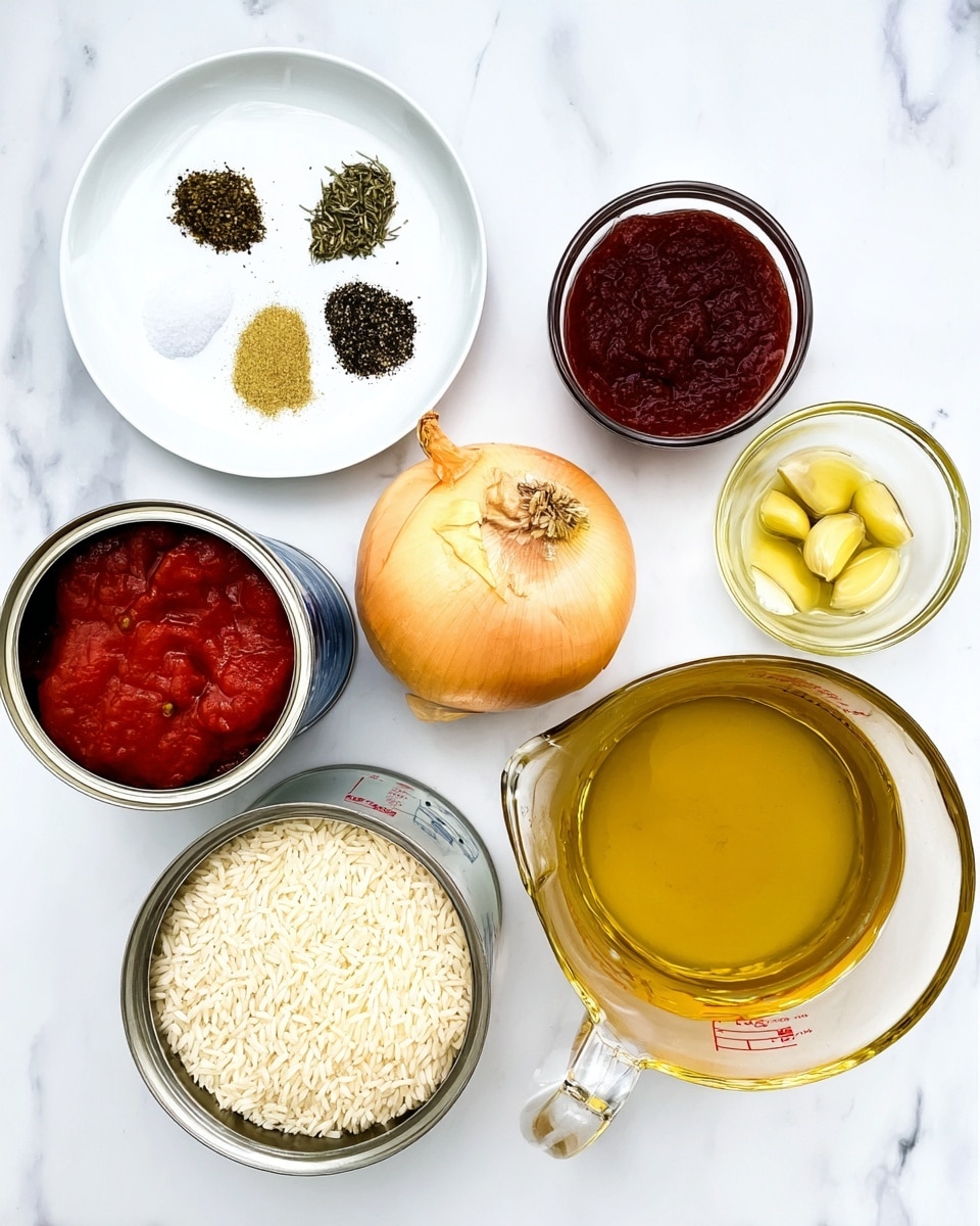 The image shows several cooking ingredients neatly placed on a surface with a white marbled texture. Starting from the top left, there's a small white plate holding four piles of spices in a circular arrangement: white salt, black pepper, dried herbs, and dried rosemary. To the right, a small clear glass bowl contains a deep red thick paste. Below that, another clear glass bowl is filled with fine, light yellow grated cheese. To the left of it, an open can reveals chunky red tomato sauce. Below the can, a metal measuring cup is filled with uncooked white rice grains. In the center of the image is a whole yellow onion with a dry outer skin. To the right of the onion, a small white bowl holds a golden yellow liquid, likely olive oil. Below the oil, a small clear glass bowl contains three peeled garlic cloves. At the bottom right corner of the image, a large clear measuring jug is filled with golden-yellow broth or stock. photo taken with an iphone --ar 4:5 --v 7