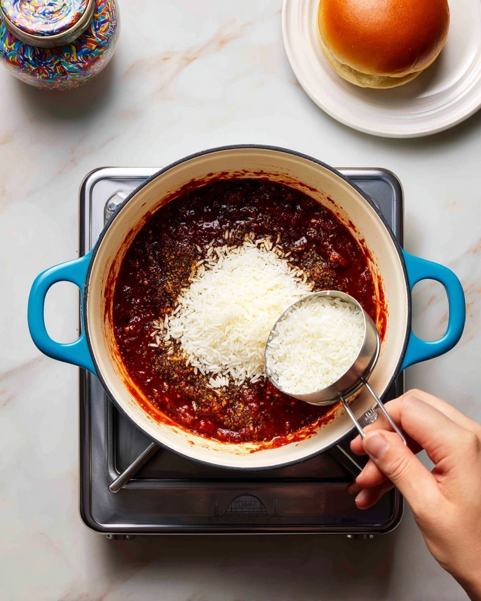 A blue pot with a white inside holds a mix of red tomato sauce and dark dried herbs spread all around the sides, creating a ring shape. In the center of the pot lies a small pile of white uncooked rice, with a woman's hand pouring more rice from a metal measuring cup into the middle. The pot is on a small silver stove on a white marbled surface. In the top left corner, a colorful jar is slightly visible, and a white plate holding a brown bun sits at the top right. photo taken with an iphone --ar 4:5 --v 7