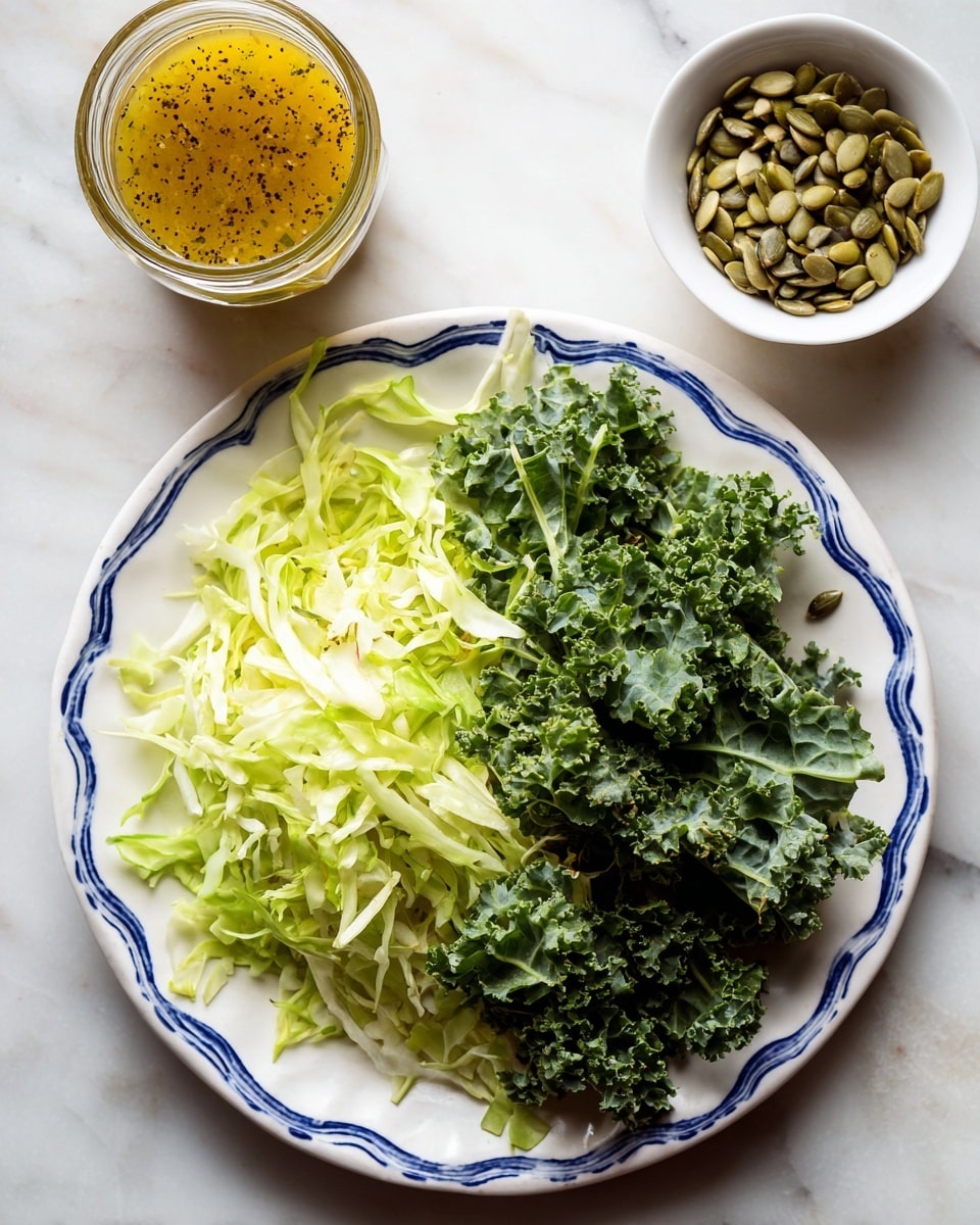 A top view of three white bowls on a white marbled surface: the top left bowl is filled with curly dark green kale leaves with ruffled edges; the bottom left bowl contains light green shredded cabbage with thin white white veins; the bottom right bowl holds golden brown to green pumpkin seeds, some shiny and some matte, with an uneven texture; in the center, there is a clear glass jar filled with a yellow-green dressing speckled with small black and brown bits. photo taken with an iphone --ar 4:5 --v 7
