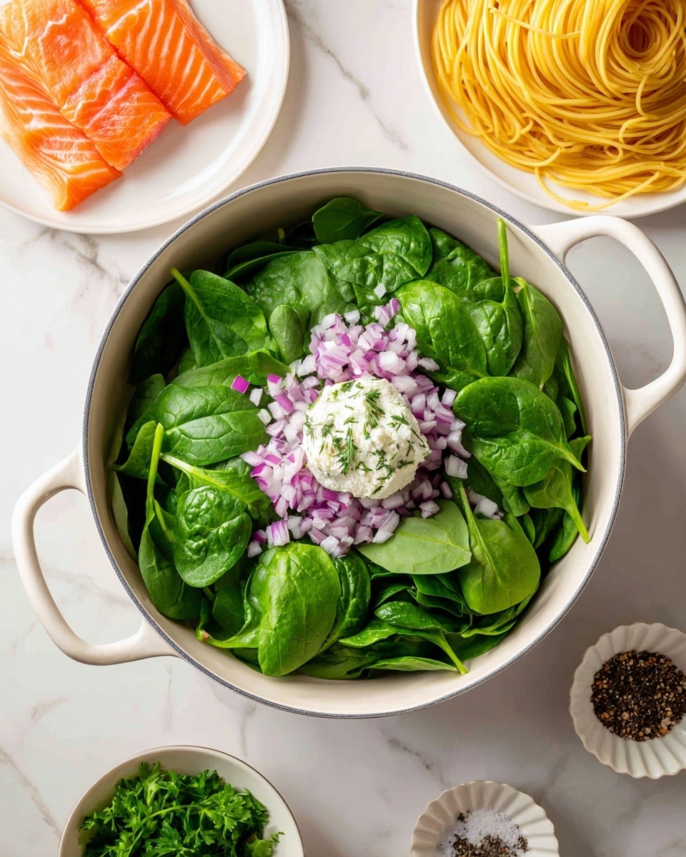 A white pot filled with a first layer of fresh green spinach leaves, topped with a second layer of small chopped purple onions scattered evenly, and a small round dollop of white cheese with herbs sits in the center. Around the pot on a white marbled surface are a white plate with raw salmon showing an orange color with light white lines, a white plate with dry yellow spaghetti laying next to it, a small white bowl with green fresh parsley leaves, and a small scallop-edged white dish containing salt and black pepper. photo taken with an iphone --ar 4:5 --v 7
