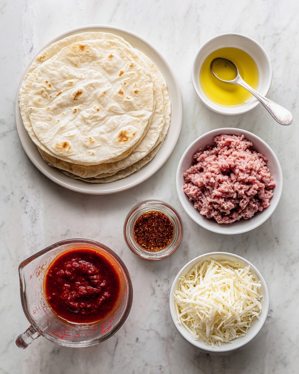 The image shows six different items arranged neatly on a white marbled surface. At the top left, there is a stack of three soft, pale beige tortillas on a white plate. To the right of the tortillas, there is a small white bowl with yellow oil and next to it a glass jar with reddish-brown spice mix and a spoon inside. Below these, slightly left, is a white bowl filled with raw ground meat that is pinkish-red. To the lower right, there is another white bowl with white shredded cheese. At the bottom left, there is a clear glass measuring cup filled with red tomato sauce. All items are cleanly displayed and well spaced. Photo taken with an iphone --ar 4:5 --v 7