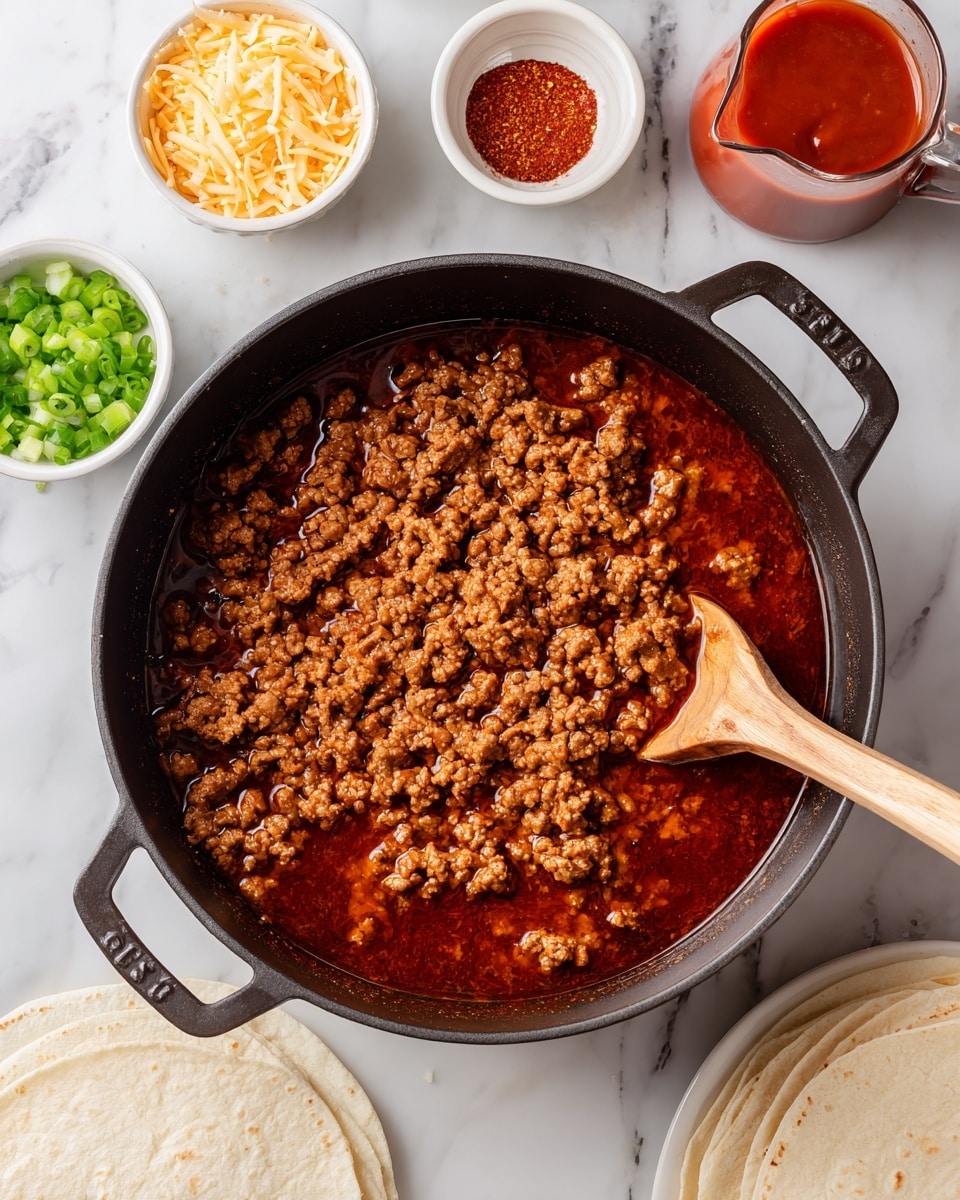 A round black cast iron pot with two handles sits on a white marbled surface, filled with browned ground meat in a shallow pool of reddish-brown liquid. A light wooden spoon rests inside the pot, partly covered by the meat. Surrounding the pot are small white bowls of shredded cheese, red seasoning with a spoon, chopped green onions, a pitcher of red sauce, and a white plate with three stacked white tortillas. The colors present include the warm brown of the meat and sauce, the pale cream of the cheese and tortillas, and the fresh green of the onions. photo taken with an iphone --ar 4:5 --v 7